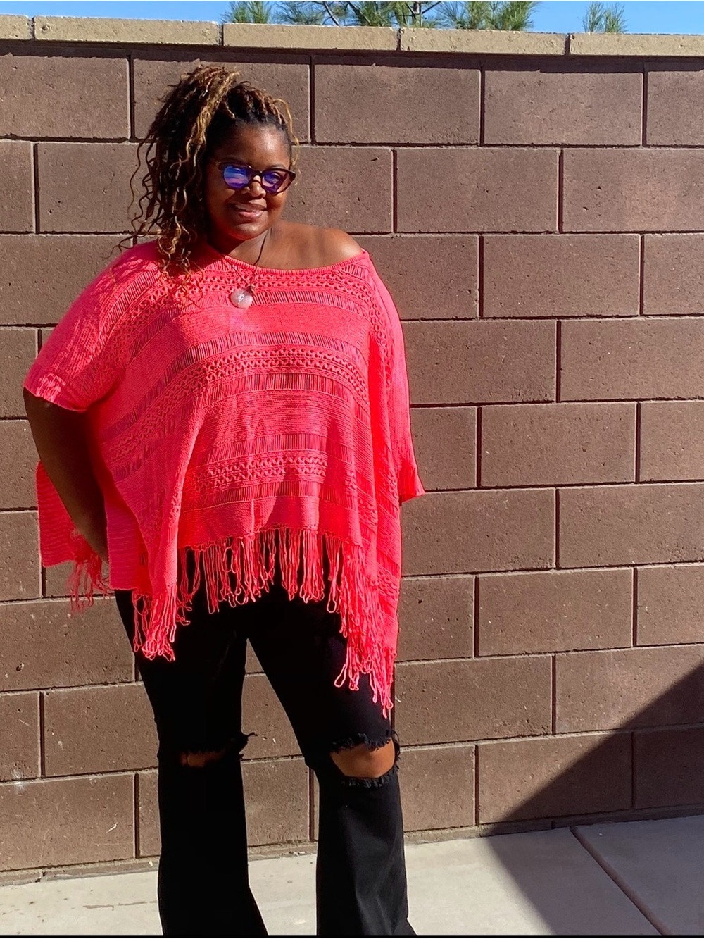 Off-the-Shoulder Fringe Knit Sweater - Neon Coral
